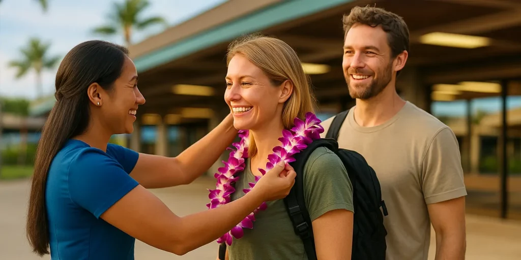 Lei Greeting at the Airport welcoming folks