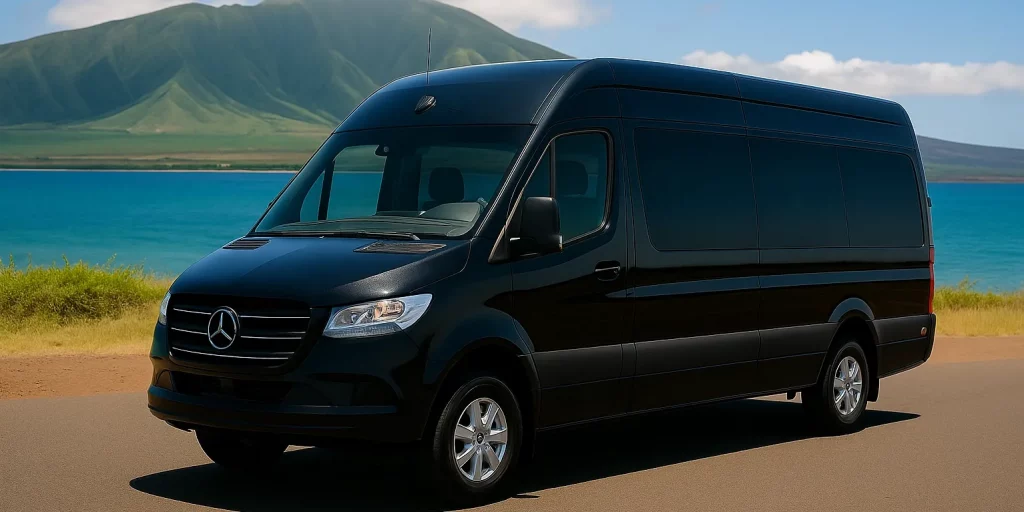 Black Mercedes Sprinter Van parked against scenic Maui backdrop