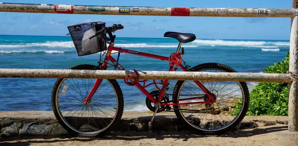 Locked bike with the ocean in the background