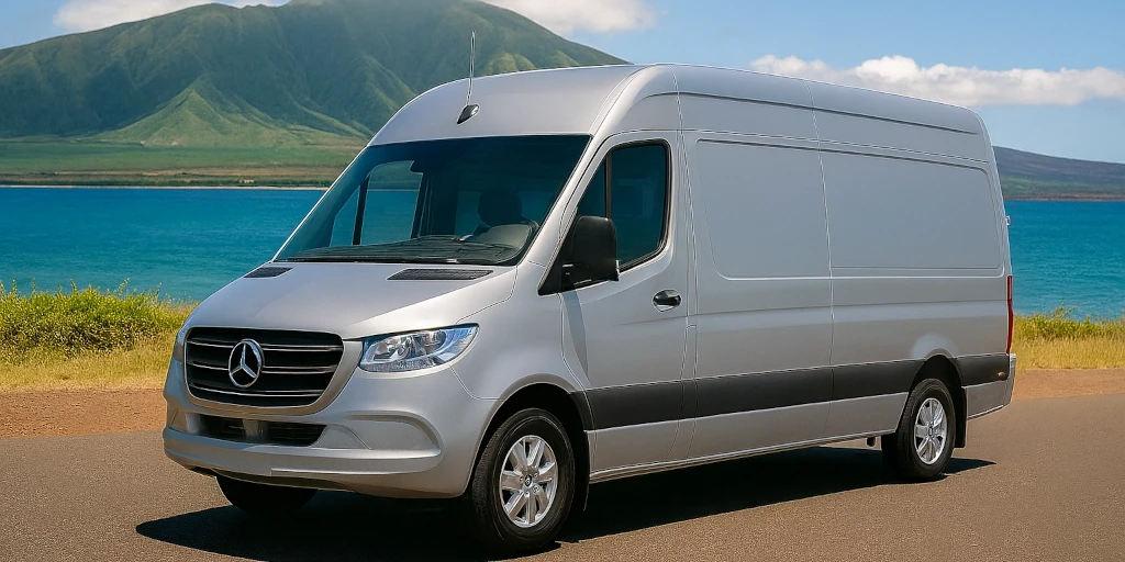 Silver Mercedes Sprinter Van parked against scenic Maui backdrop
