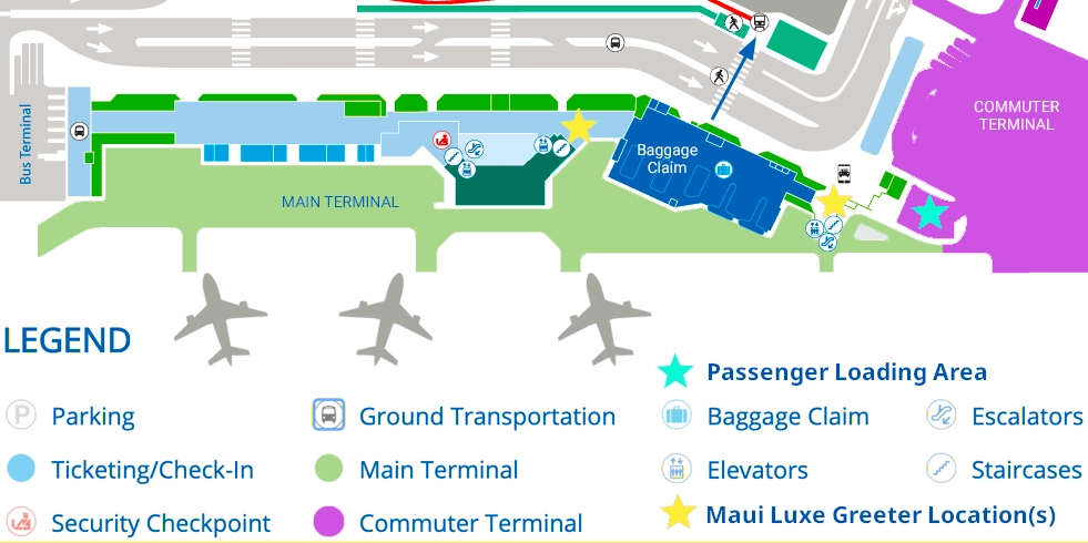 Maui Airport (OGG) Map with Maui greeter locations and pickup area