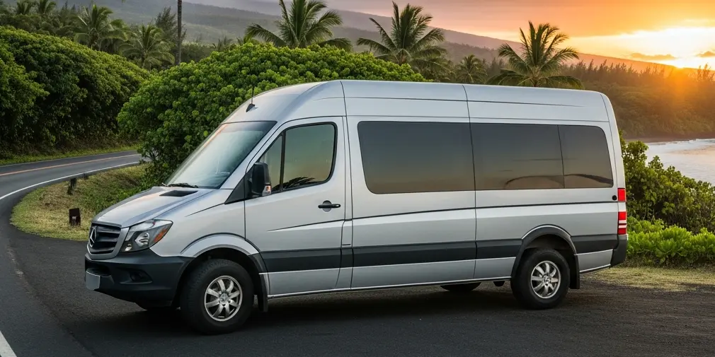 Silver Mercedes Sprinter Van parked against scenic Maui backdrop during sunset
