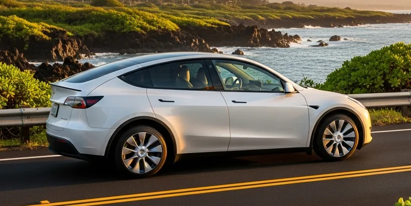 Tesla Model Y in front of the Maui ocean during sunset, car in the Mui Luxe private car service