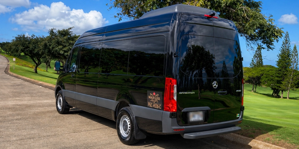 Maui Luxe Mercedes Sprinter van parked in Maui, shown from the rear driver-side angle.