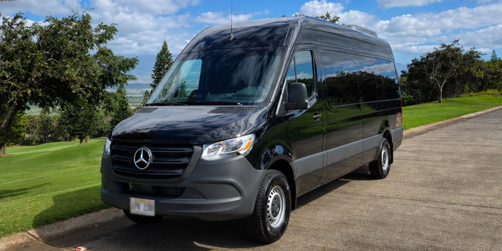 Front three-quarter view of the Maui Luxe Mercedes Sprinter van parked in Maui.