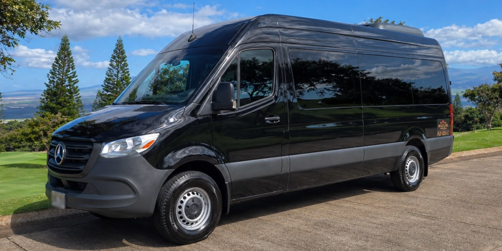 Front driver-side view of the Maui Luxe Mercedes Sprinter van with Maui landscape in the background.